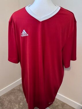 adidas Men’s Red Short-Sleeve V-Neck Soccer Jersey with White Trim